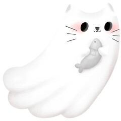 Cute Ghost Halloween party.Hand drawn illustion clipart.white cat ghost holding gray fish.
