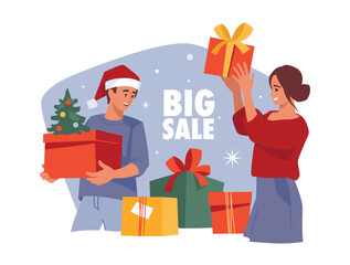 People with gifts. Girl and guy with a gift box. Christmas sale. Preparing for Christmas. Vector image.