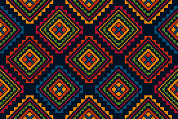 Ikat geometric pixel ethnic seamless home decoration design. Aztec fabric carpet boho mandalas textile decor wallpaper. Tribal native motif folk traditional embroidery vector 