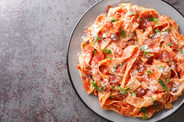 Florentine Italian pasta Pappardelle alla Fiesolana with tomatoes, bacon, onions, garlic and parmesan cheese close-up on a plate on the table. Horizontal top view from above