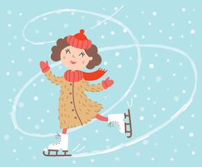 Girl on skates. Vector winter illustration