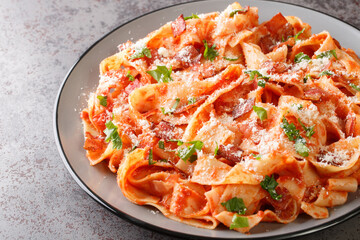 Pappardelle pasta with bacon and tomato sprinkled with parmesan cheese and chopped parsley closeup in the plate on the table. Horizontal