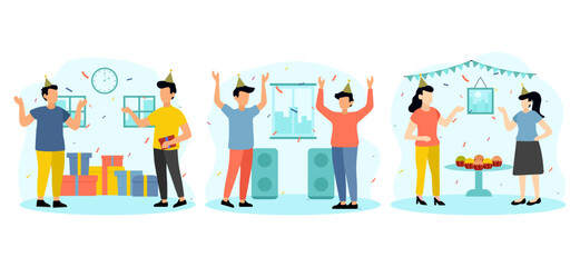 Fototapeta premium Birthday Party with Friends Scene Flat Bundle Design