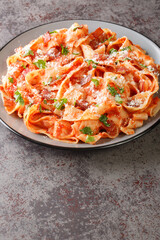 Pappardelle alla Fiesolana is a creamy and delicious dish made with pasta, bacon, onion, tomato and cheese closeup in the plate on the table. Vertical