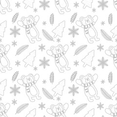 Christmas seamless pattern design. Winter minimal home decoration ornaments vector snow, bear, Santa, Christmas tree, Christmas leaves, hand drawing 
