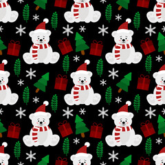 Christmas seamless pattern design. Winter minimal home decoration ornaments vector snow, bear, Santa, Christmas tree, Christmas leaves, hand drawing 
