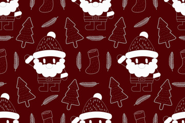 Christmas seamless pattern design. Winter minimal home decoration ornaments vector snow, bear, Santa, Christmas tree, Christmas leaves, hand drawing 