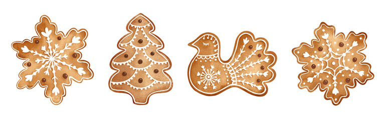 Gingerbread clipart. Watercolor Christmas illustrations set. New Year holiday decor. Winter traditional cookie with ornament. Isolated on white background.
