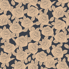 Hand drawn vintage gold rose and leaves seamless pattern on dark background. Vector illustration for textile, fabric, invitation and more.