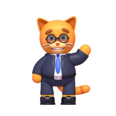 3d render of cute cat in business suit. Businessman cat greeting, waving hand