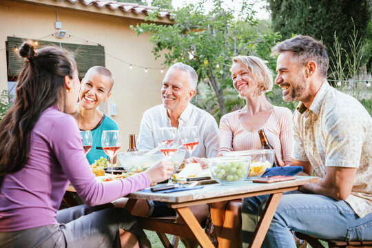 Group of mature adult friends toasting his wine glasses and beers and having fun in a dinner party at the back yard. Lifestyle concept. High quality photo