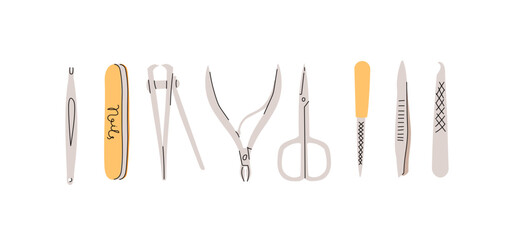 Tools for self-manicure. Scissors, nail files, as well as tweezers and wire cutters.