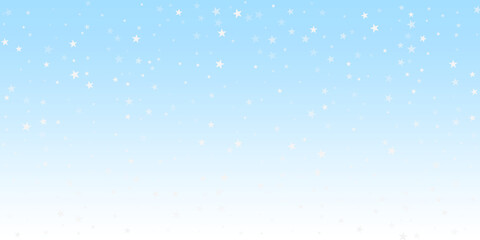 Christmas falling snow background. Subtle flying snow flakes and stars. Festive winter silver snowflake overlay template. Vector illustration