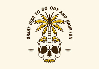 Skull and coconut tree and waves illustration design