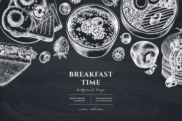 Breakfast hand drawn illustration design. Background with chalk sandwich, pancakes, bowl with avocado, porridge with berries, fried eggs, raspberry, blueberry, strawberry, apples.