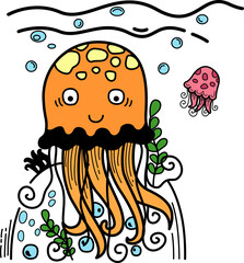 Hand drawn black and white jellyfish character
