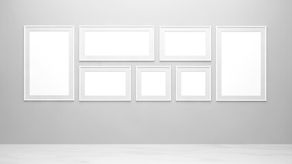 Empty frames collage mockup on the wall. White picture frames mockup on the wall. A horizontal and vertical frame for painting. Frames collage mockup hanging on a white wall. 3d illustration.