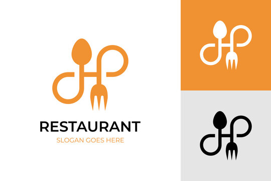 initial letter H restaurant logo, infinity food logo symbol elements design with fork and spoon icon concept for food culinary logo design