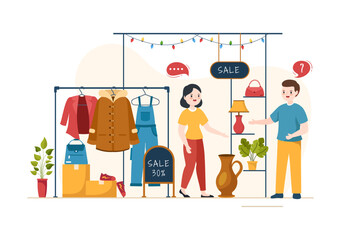 Flea Market Template Hand Drawn Cartoon Flat Illustration Second Hand Shop with Shoppers, Swap Meet, Sellers and Customers at Weekend