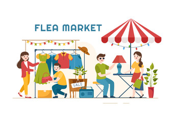 Flea Market Template Hand Drawn Cartoon Flat Illustration Second Hand Shop with Shoppers, Swap Meet, Sellers and Customers at Weekend