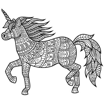 Hand drawn of unicorn in zentangle style