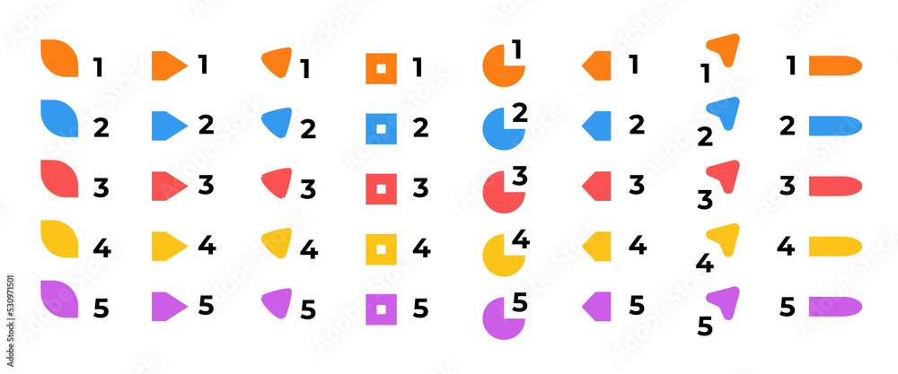 Wall mural bright colorful number bullet points collection. different shapes for infographic 5 steps design