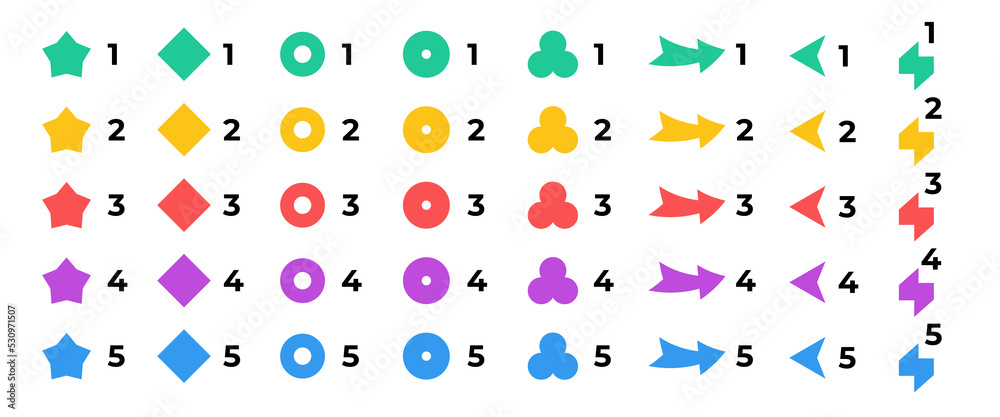 Wall mural bright colorful number bullet points collection. different shapes for infographic 5 steps design