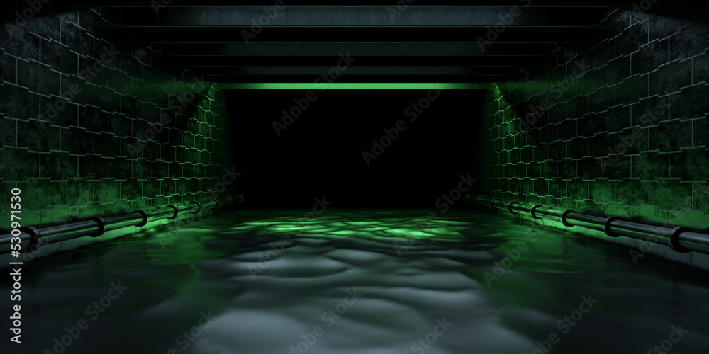 Wall mural 3d rendering underground basement drain tunnel hallway corridor passage with green neon light glowin