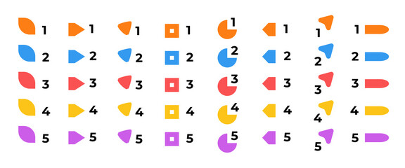 Bright colorful number bullet points collection. Different shapes for infographic 5 steps design