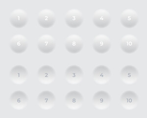 White neomorphic buttons with numbers. 1 to 10 bullet point