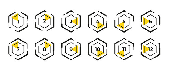 Modern geometric bullet point set. Colorful trendy markers with number from 1 to 12.