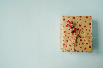 Present with red berry on blue background.