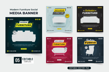 Modern furniture social media post collection with dark backgrounds. Furniture sale discount web banner bundle for advertisement. Furniture promotional template set vector with abstract shapes.