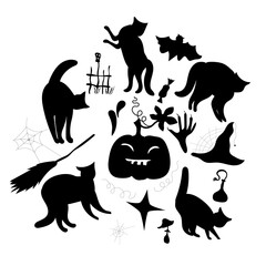 Black cat, pumpkin, hat, snake. Black silhouettes for Halloween.
