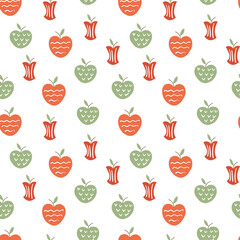 Seamless background with red and green apples and leaves. Vector repeating pattern with apples, whole and halves, leaves
