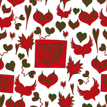 watercolor pattern of red devilish hearts, valentines for your postcard design