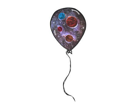 Watercolor balloon gift, space planet, on a white background isolated for your design, vintage style