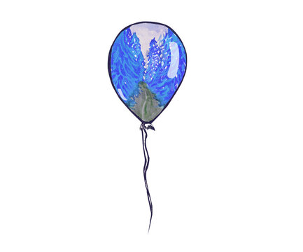 Watercolor balloon christmas, winter forest, isolated on white background for your design, illustration hand drawn