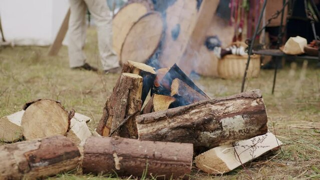 Close up of fireplace starting to burn in slow motion. Smoke coming out oof the wood.