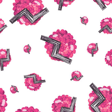 Watercolor pattern pink hydrangea and geometry for your seamless design, isolated, illustration hand drawn