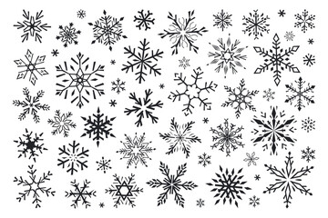 Big set of hand drawn graphic snowflakes. Modern flat vector illustration. Black and white drawing.