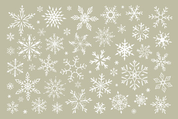 Big set of hand drawn graphic snowflakes. Modern flat vector illustration.