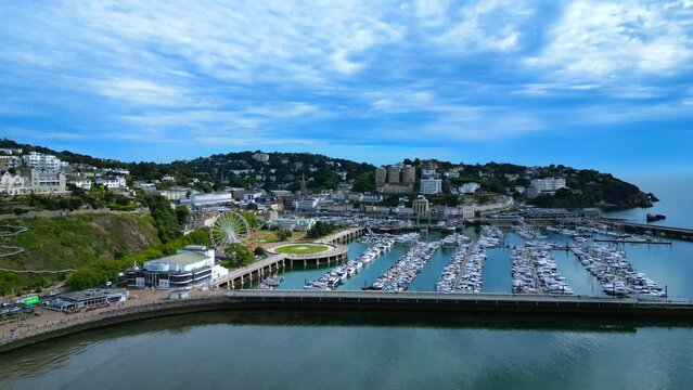 Torquay Marina in Devon. Drone Pan Flyover. 30fps
