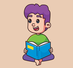 little children boy reading a book cartoon