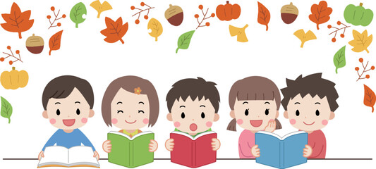 秋・読書をする子供達のイラスト
