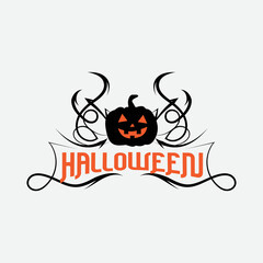 Happy halloween party title logo template with evil pumpkin shape