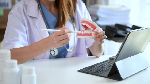 Concentrated dentist sitting at table with jaw samples tooth model and working with tablet and laptop in dental office professional dental clinic. medical doctor working .