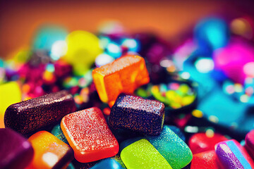 Close up photo of a pile of colorful sweet candies, digital illustration, digital painting, cg artwork, realistic illustration, 3d render