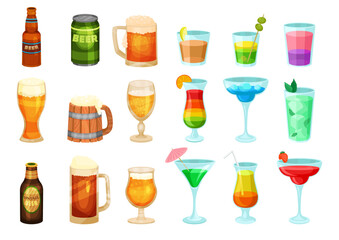 Beer and Cocktails in Glass and Mug with Froth and Straw Big Vector Set