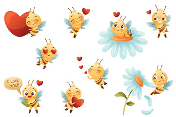 Cute Bee Character with Striped Yellow Body and Wings Engaged in Different Activity Vector Set